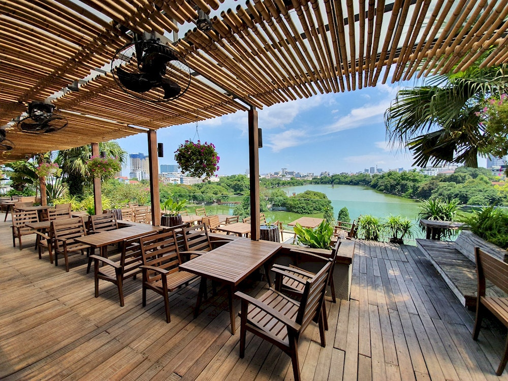 Cau Go's stunning rooftop terrace offers unmatched views of Hoan Kiem Lake and Hanoi's Old Quarter